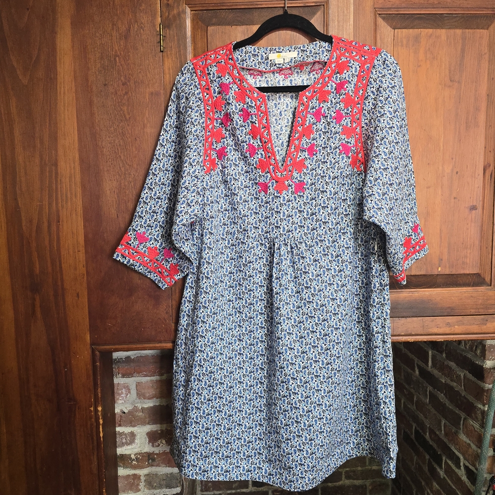 Boden 100% Linen Floral Embroidered Blue, White, Pink, Red Tunic Dress - Size 6